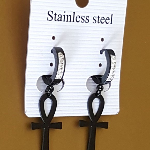 Cross CZ Bling Huggie Hoop Dangle Earrings Black Stainless steel - Picture 2 of 4